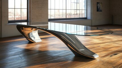 Poster - Modern minimalist workspace featuring a sleek glass table and elegant wooden flooring in a well-lit urban setting.