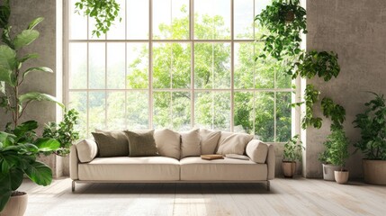 Poster - Bright modern living room featuring large windows with greenery and stylish interior design elements complemented by lush potted plants.