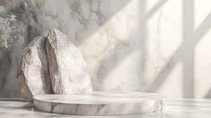 Poster - elegant natural marble stone background with display pedestal and soft lighting for product presenta