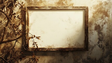 Poster - Vintage Natural Frame Mockup for Art Poster or Text in Minimalist Design with White Space on Grunge Wall and Branches
