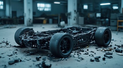 Poster - Vehicle chassis amidst tools and scattered bolts on a cracked floor, industrial setting, workshop ambiance, hints of wear and tear, organized chaos, mechanical focus