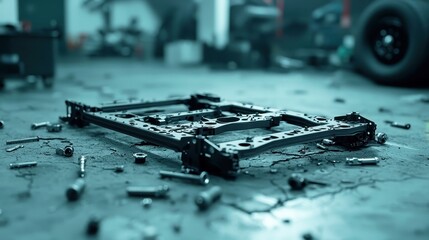 Poster - Vehicle chassis amidst tools and scattered bolts on a cracked floor, showcasing an industrial workspace, emphasizing the raw environment and mechanical focus.