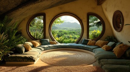 Poster - Cozy Living Room with Circular Windows Overlooking Lush Outdoors Ideal for Relaxation and Nature-Inspired Interior Design