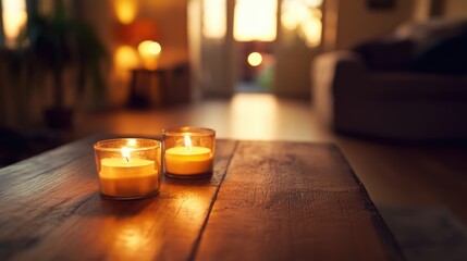 Poster - Cozy wooden table with lit candles creating a warm ambiance in a blur candlelit hallway interior design for copy space use