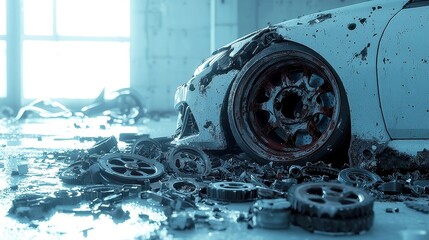 Poster - Abandoned Vehicle Parts, a vehicle hood leaning against a wall, surrounded by scattered gears and mechanical components, evoking a sense of neglect and disarray.