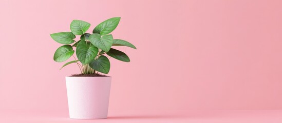 Poster - Money Plant in White Pot Isolated on Soft Pink Background with Copy Space for Text in a Minimalist Style