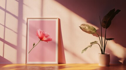 Poster - Framed floral poster mockup with soft lighting on a pastel wall and potted plant creating a serene interior atmosphere.