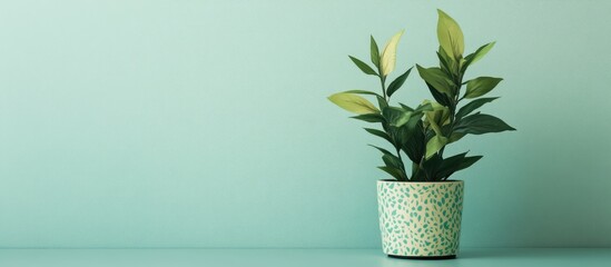 Poster - Minimal Scandinavian interior featuring a green plant in a patterned pot against a mint green background with ample empty space for text.