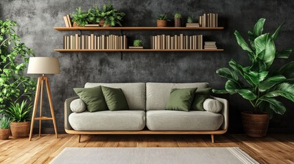 Poster - Contemporary Living Room Interior with Cozy Sofa Bookshelves Indoor Plants Stylish Lamp and Natural Wooden Flooring