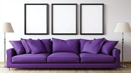 Poster - Minimalist modern living room design featuring purple sofa, elegant lamps, and empty framed posters on a light-colored wall