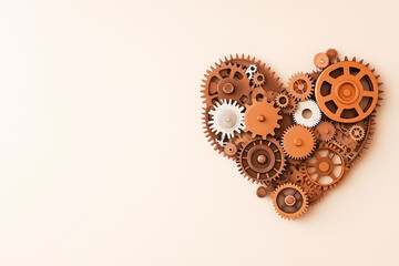 Poster - Gears of various sizes and colors are arranged to form a heart shape. The soft, even light highlights their industrial design, promoting a message of empathy and unity