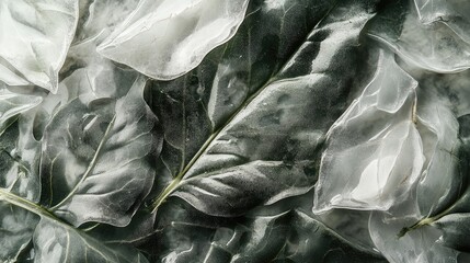 Poster - Close-up of natural green plant leaves combined with gray and white roses showcasing earthy color harmony in a modern design aesthetic.