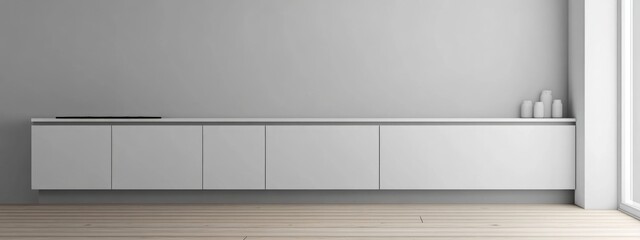 Poster - Minimalist White and Gray Kitchen Interior Design with Wooden Floor and Spacious Open Layout for Text Placement in Cozy Living Space