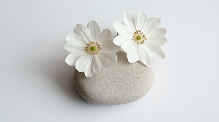 Poster - Minimalist still life featuring two delicate white flowers on a smooth natural stone against a clean white background.