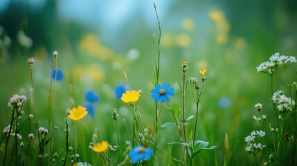 Poster - Natural Meadow Blur with Vibrant Green Blue and Yellow Floral Elements in Soft Focus