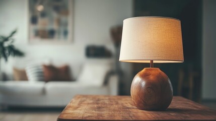 Poster - Rustic wooden table lamp in modern minimalist interior design with vintage accents and soft lighting creating serene atmosphere and empty space