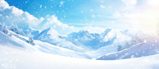 Poster - Winter landscape featuring snow-covered mountains under a clear blue sky with ample space for text ideal for seasonal themed designs.