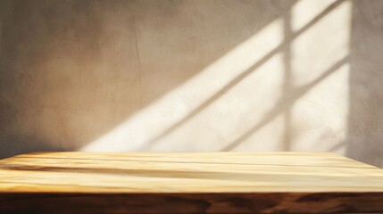 Poster - Minimalist wooden table illuminated by bright sunlight casting shadows on a textured wall