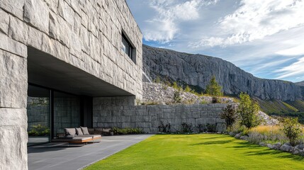 Poster - Contemporary House Design Featuring Natural Metamorphic Limestone Wall Against Scenic Mountain Quarry Backdrop