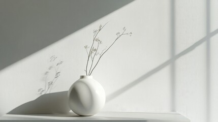 Poster - Minimalist Still Life with White Vase and Delicate Branches in Soft Light Emphasizing Simplicity and Serenity in Contemporary Interior Decor