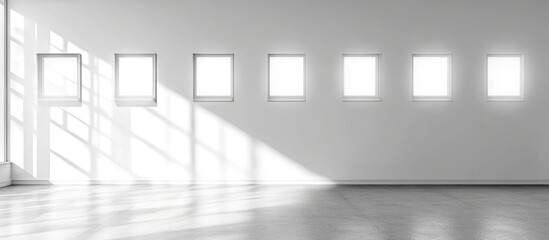Poster - Minimalist empty office space featuring square windows and grey flooring with ample room for text or creative content placement.