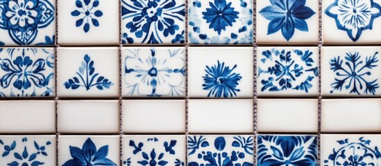 Poster - Blue and white ceramic porcelain square mosaic tiles wall texture with ample empty space for text or branding in a decorative layout