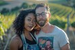 © Markus Schröder - Portrait of a tender mixed race couple in their 30s sporting a vintage band t-shirt on backdrop of rolling vineyards
