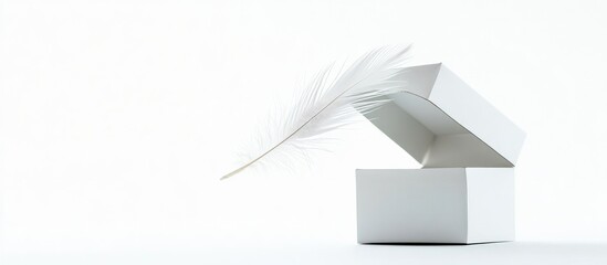 Poster - graceful white box with expanding lid gently landing a feather on isolated background with ample spa