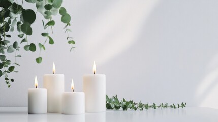 Poster - Minimalist white interior with burning candles and greenery creating a serene atmosphere and monochrome elegance for modern decor inspiration