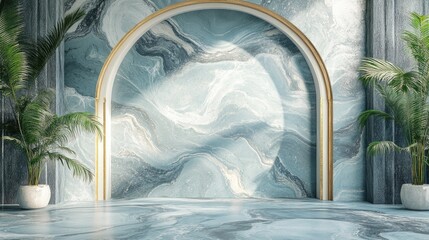 Poster - Elegant Natural Marble Background with Arch and Potted Plants Creating a Serene Minimalist Atmosphere Ideal for Presentations and Designs