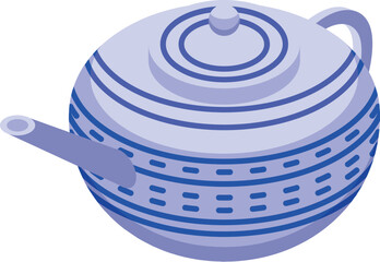 Poster - Round teapot with blue asian style decoration isometric view isolated on white background
