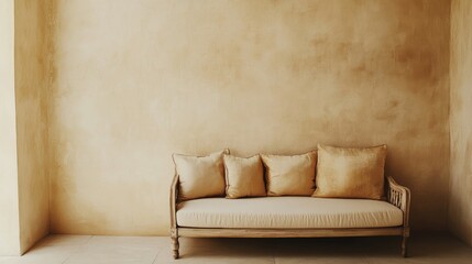 Poster - Minimalist sofa adorned with silk cushions against a textured neutral wall showcasing modern interior design aesthetics.