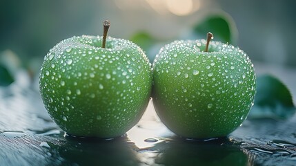 Wall Mural - Dewy green apples on dark wood, sunrise