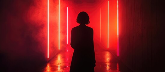 Poster - Silhouette against vibrant neon lights in a moody corridor with mist creating an atmospheric space perfect for copy or text overlays