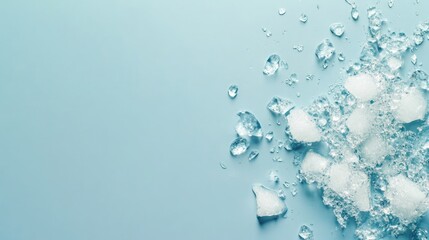 Poster - Fresh ice cubes melting in clear water on a light blue background creating a cool and refreshing atmosphere with ample space for text.