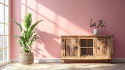 Poster - Rustic wooden cabinet with broken glass doors against a soft pink wall complemented by indoor plants in a bright modern interior setting