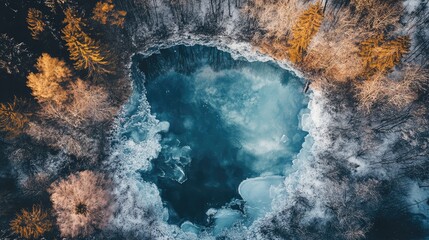 Poster - Aerial View of a Serene Lake with Natural Ice Formation Surrounded by Trees in Winter Landscape