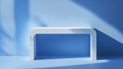 Poster - Minimalist modern white desk against a vibrant blue backdrop showcasing contemporary design and simplicity in a serene environment
