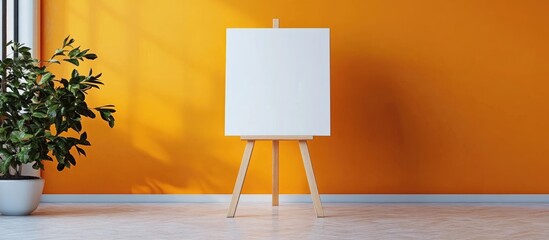 Poster - Blank Canvas on Wooden Easel Against Orange Wall in Minimalist Interior Perfect for Creative Text and Artistic Presentations
