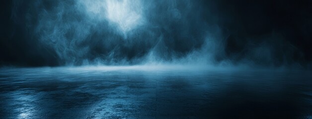 Poster - Dark street with wet asphalt and reflections of rays in the water. An abstract dark blue background, tinged with smoke and smog. The scene is empty and dark, illuminated by neon lights and