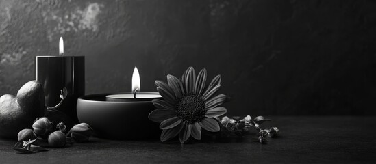 Poster - Monochrome floral and candle decor on a table providing empty space for text in a serene, minimalist setting