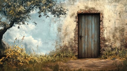Poster - Serene Vintage Door Against Natural Landscape with Aged Wall and Lush Grass in a Tranquil Outdoor Setting