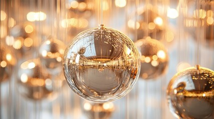 Poster - Elegant Hanging Mirror Orbs for Festive Decor and Interior Design with Glowing Bokeh Background