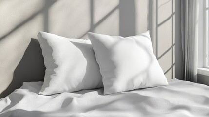 Poster - Minimalist White Pillows on a Soft Bed with Natural Light for Relaxation and Comfort