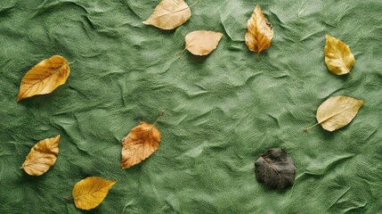 Poster - Natural Green Background with Dried Autumn Leaves Displaying Seasonal Contrast and Texture