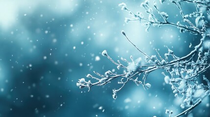 Poster - Tranquil winter forest scene featuring snow-covered branches ideal for nature-themed backgrounds or seasonal text overlays