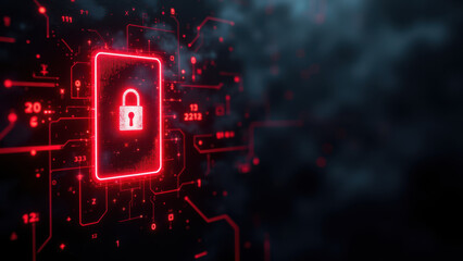 A futuristic cybernetic lock with a glowing red key symbol set against a digital matrix background.