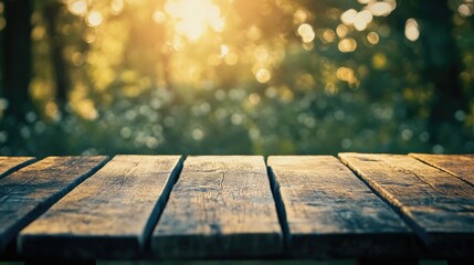 Poster - Wooden Table Surface Under Soft Sunlight with Natural Bokeh Background
