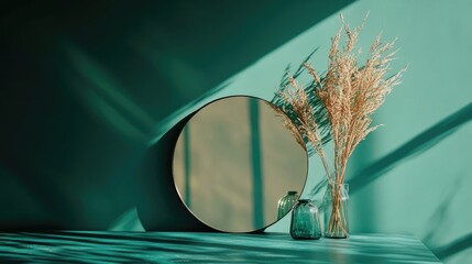 Wall Mural - Contemporary minimalist round mirror on vibrant emerald green wall with decorative vases and dried flowers illuminated by natural light