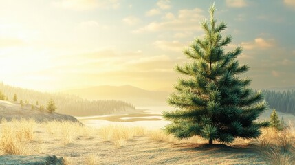 Poster - Serene Winter Landscape with Pine Tree at Sunrise by Tranquil Waters